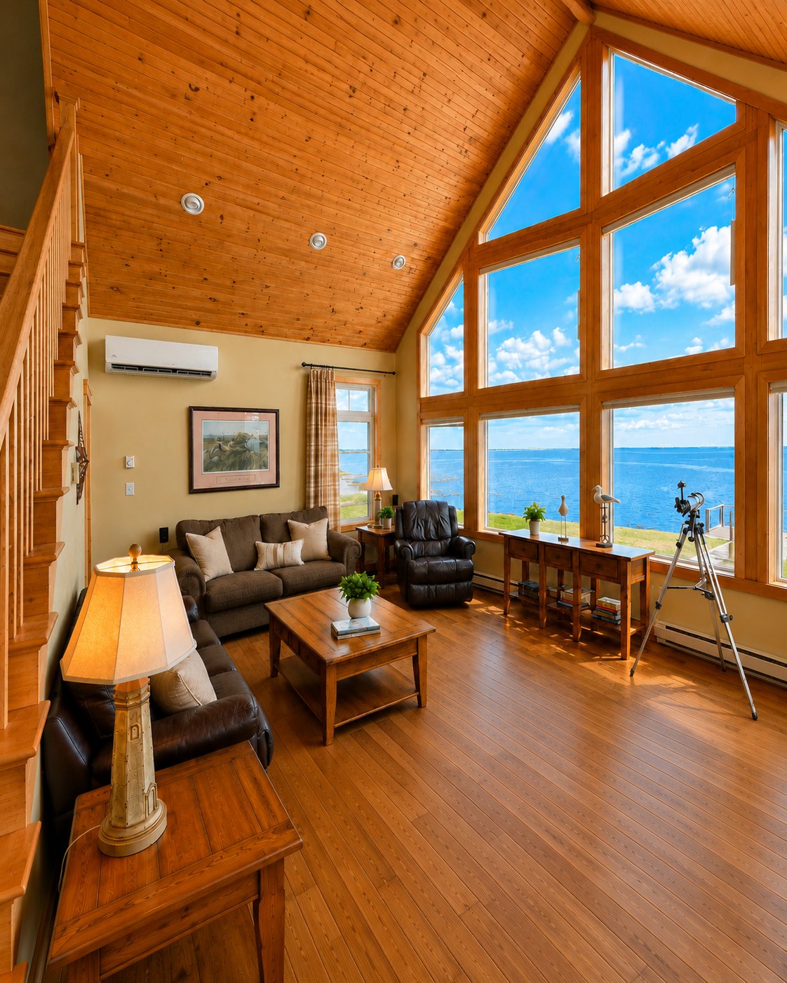 A bright retouched living room with vaulted ceilings and water views